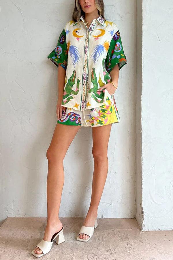 Heavenly | Print Blouse and Pocketed Shorts Set