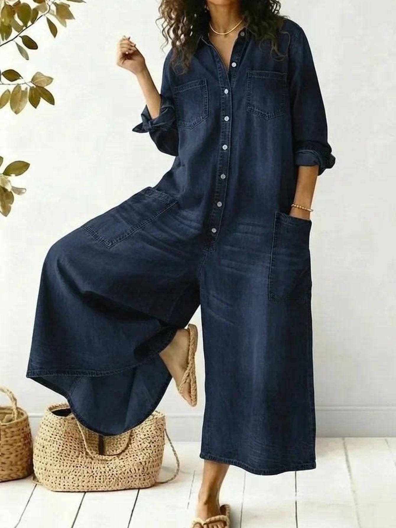 Holly | Wide Long Denim Jumpsuit