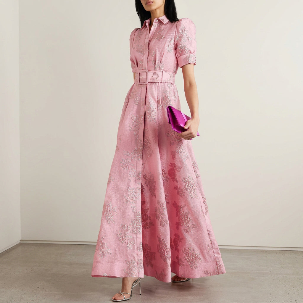 Matilde - Belted Long Floral Jacquard Dress