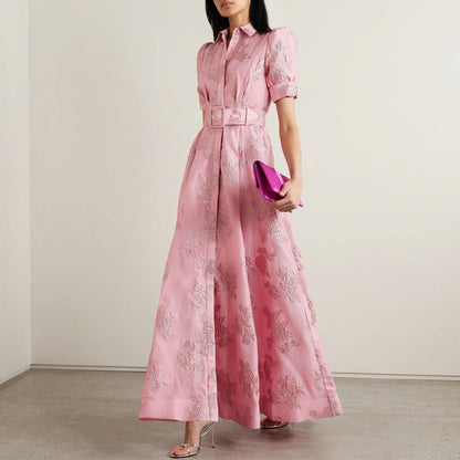 Matilde - Belted Long Floral Jacquard Dress