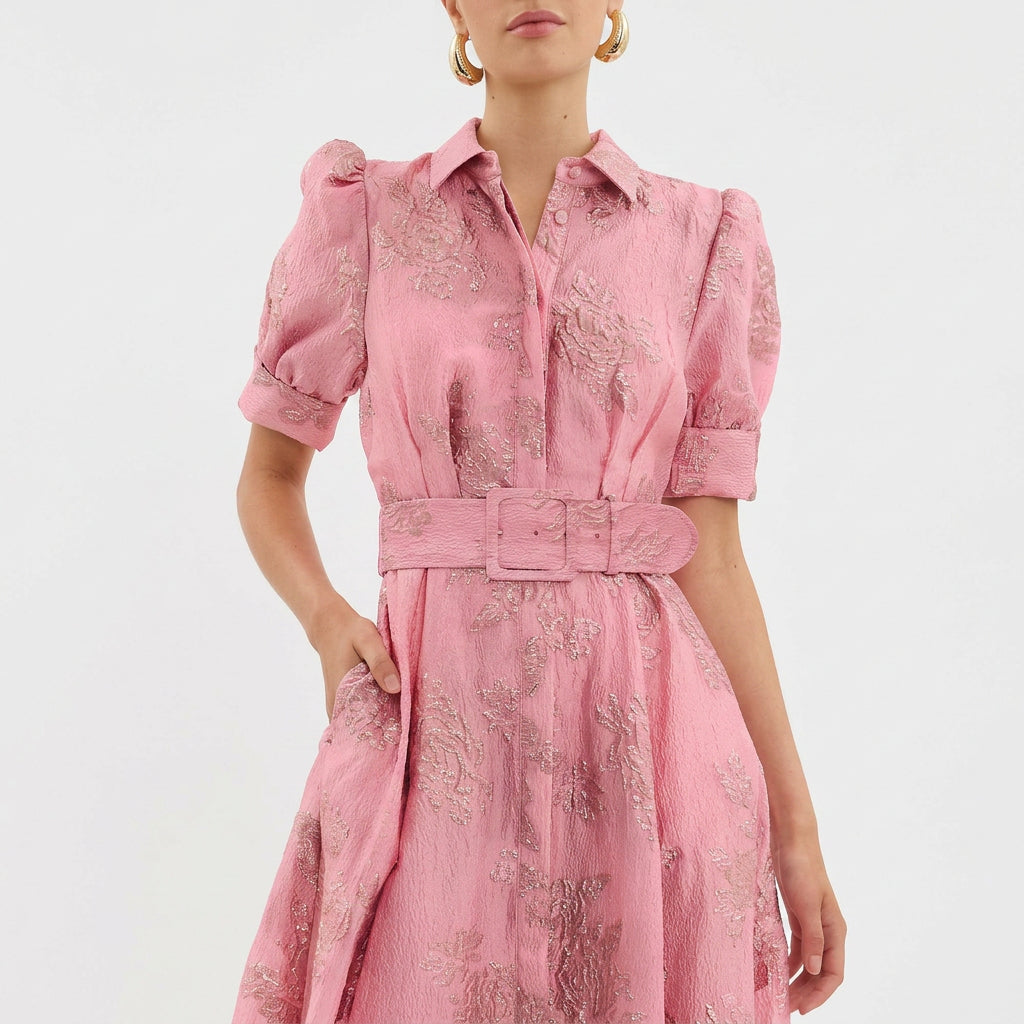 Matilde - Belted Long Floral Jacquard Dress