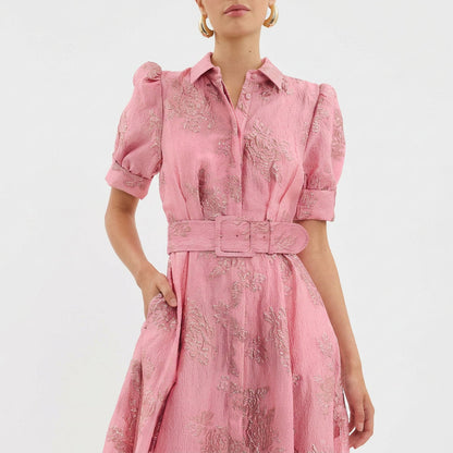 Matilde - Belted Long Floral Jacquard Dress