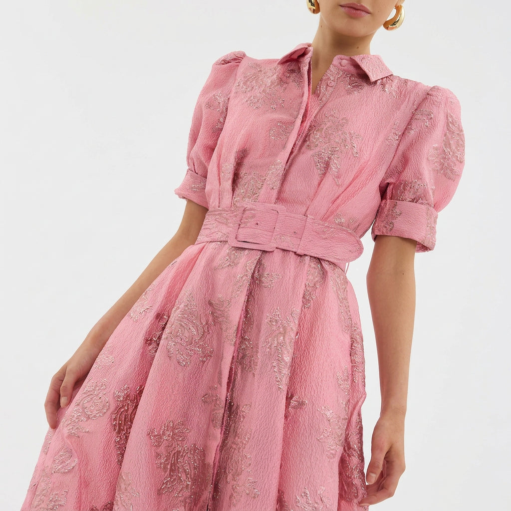 Matilde - Belted Long Floral Jacquard Dress