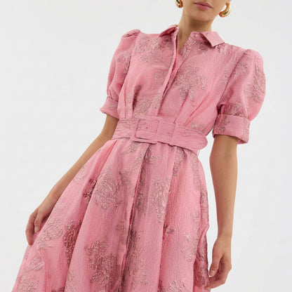 Matilde - Belted Long Floral Jacquard Dress