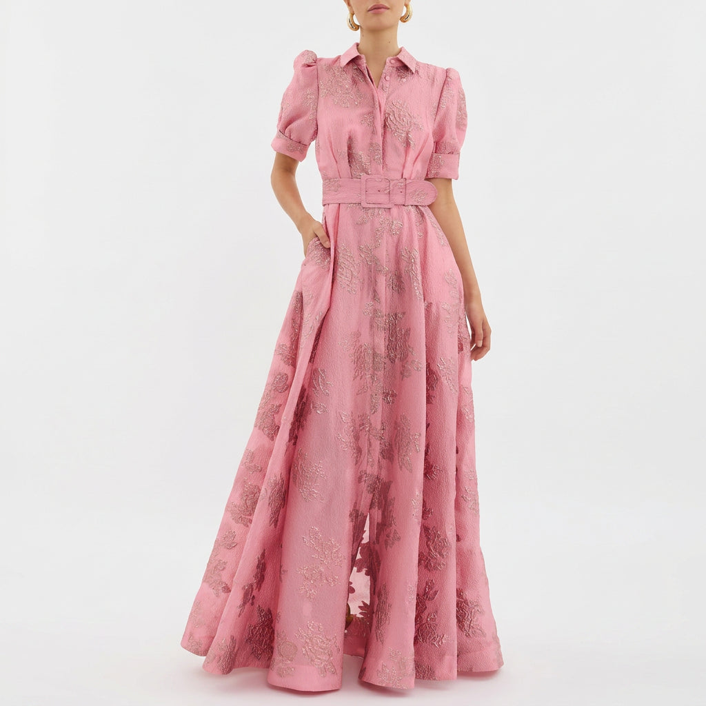 Matilde - Belted Long Floral Jacquard Dress