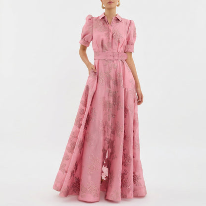 Matilde - Belted Long Floral Jacquard Dress