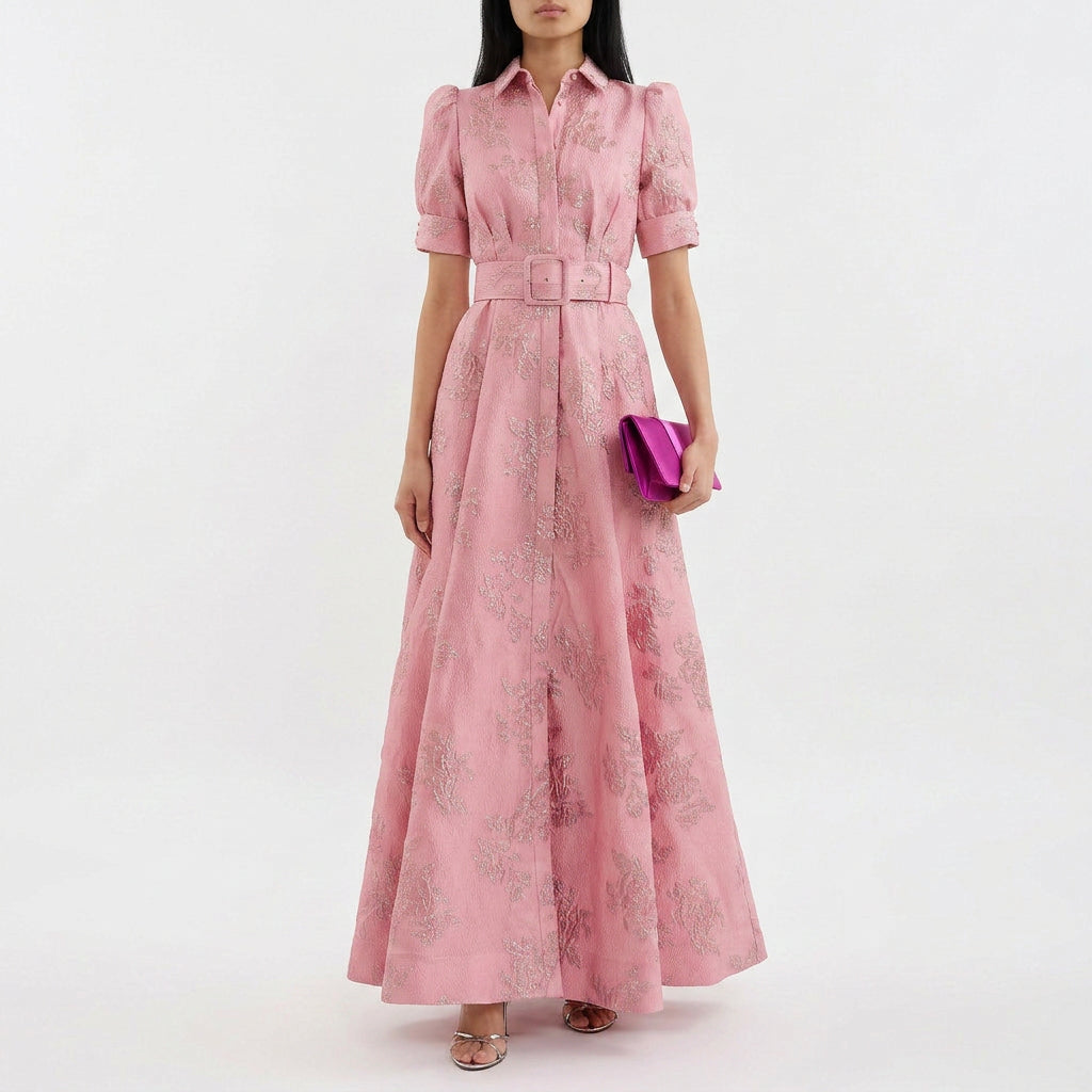 Matilde - Belted Long Floral Jacquard Dress