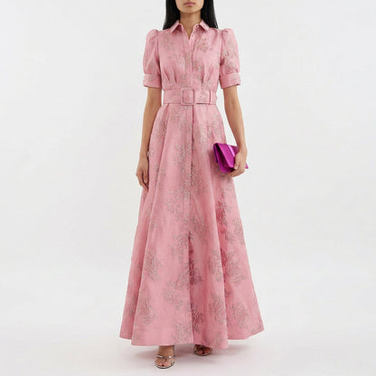 Matilde - Belted Long Floral Jacquard Dress