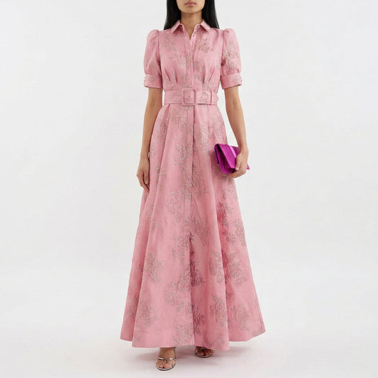 Matilde - Belted Long Floral Jacquard Dress