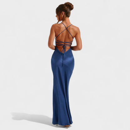 Elena - Satin Dress in Midnight Blue