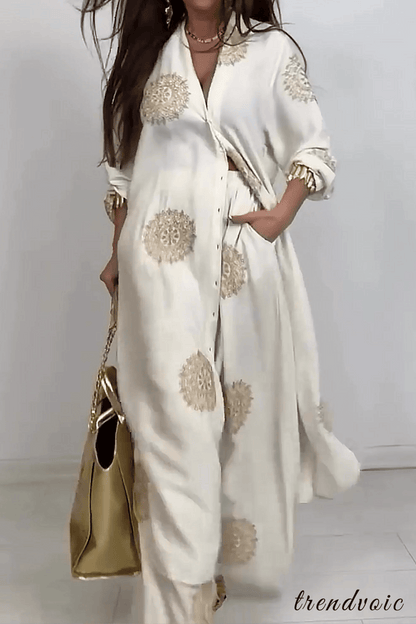 V-Neck Printed Wide-Leg Pants Two-Piece Set