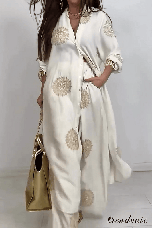 V-Neck Printed Wide-Leg Pants Two-Piece Set