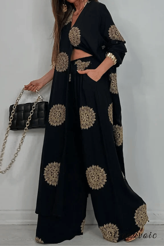V-Neck Printed Wide-Leg Pants Two-Piece Set