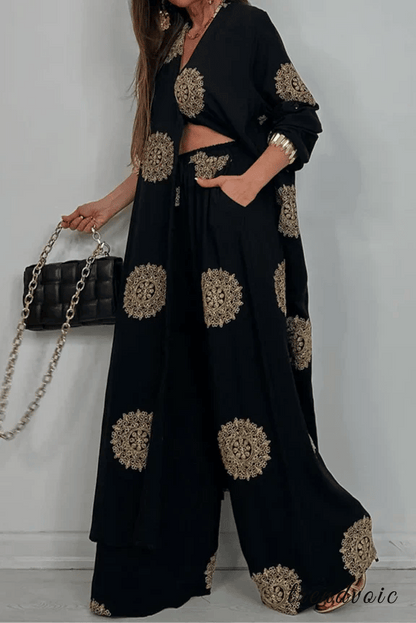 V-Neck Printed Wide-Leg Pants Two-Piece Set