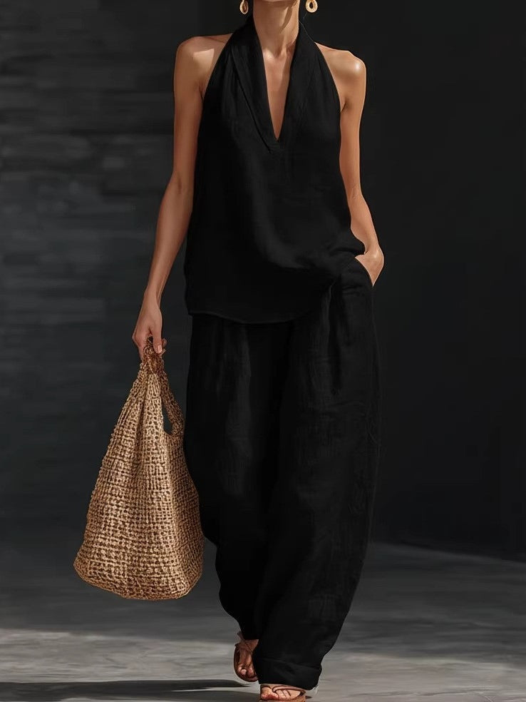 Lila | V-neck Sleeveless Top and Wide-leg Trousers Set