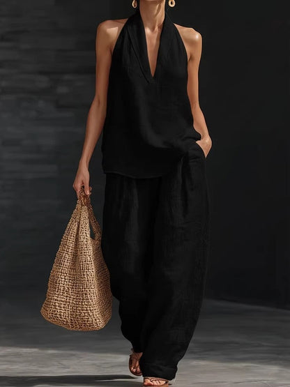 Lila | V-neck Sleeveless Top and Wide-leg Trousers Set